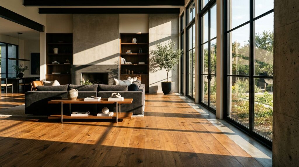 Warm oak flooring fills a bright living room beneath tall windows.