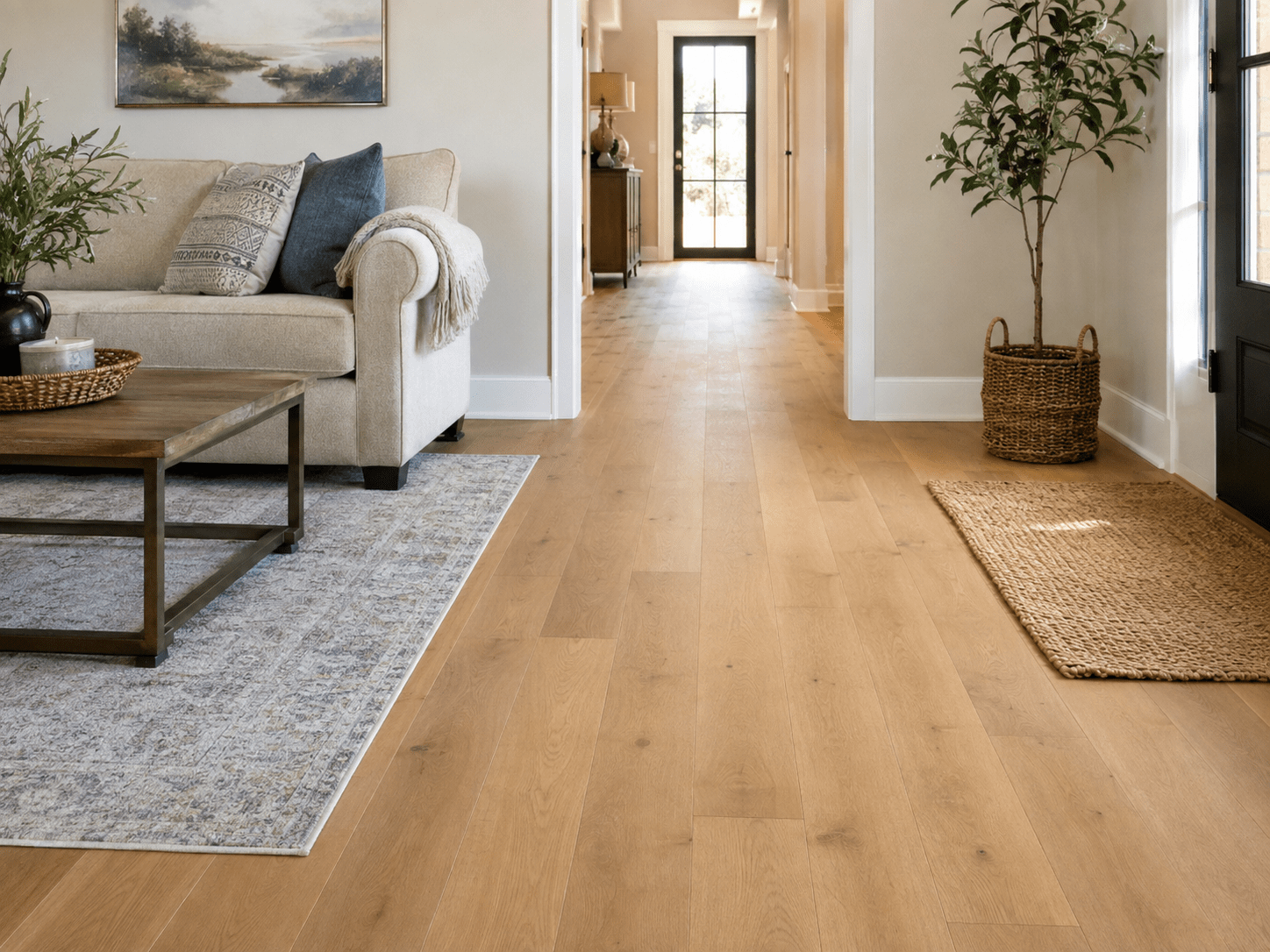 Finished warm oak flooring flowing through a Corinth Texas living room and hallway