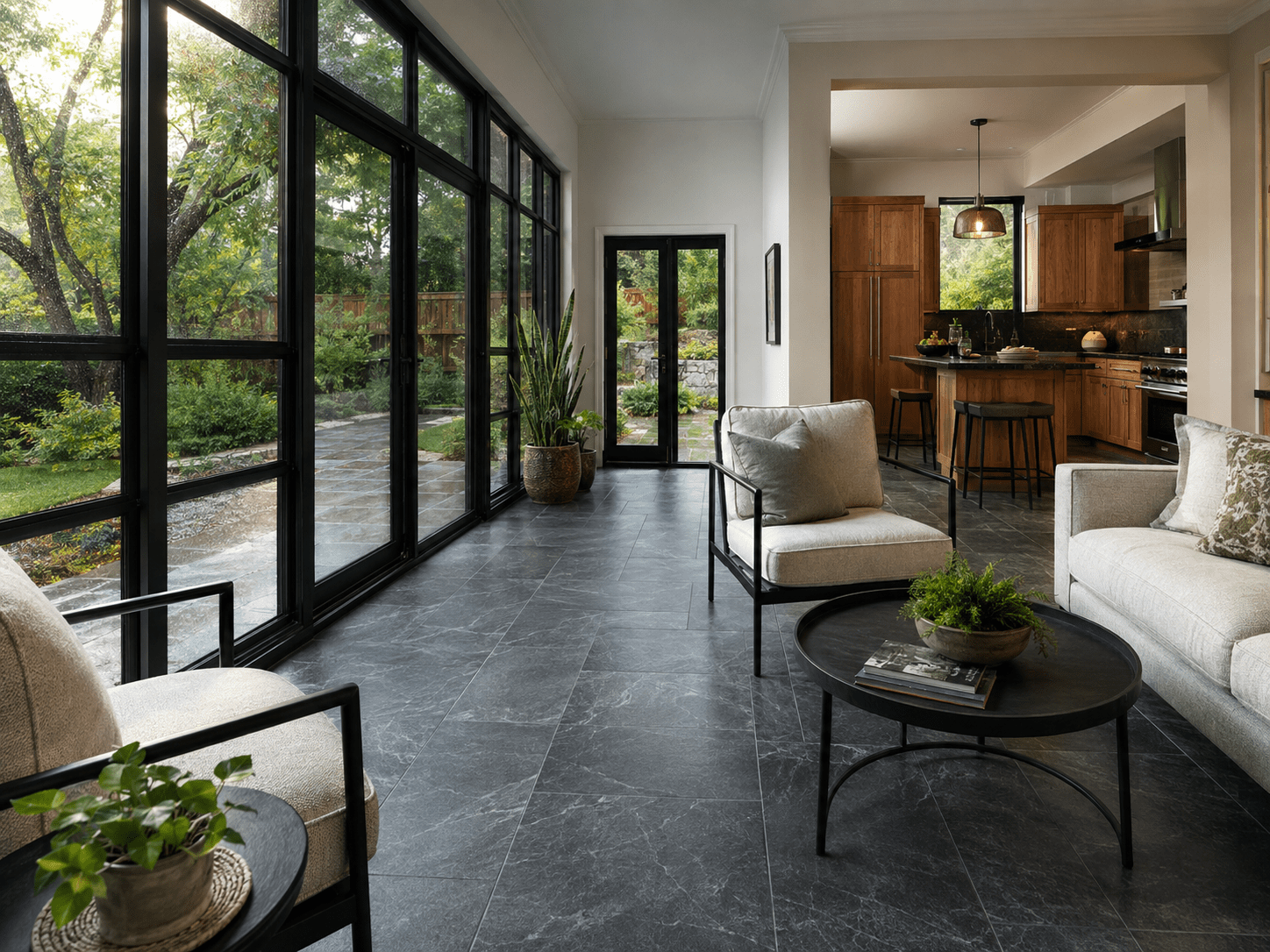 Finished slate-look waterproof flooring in a North Texas sunroom and kitchen