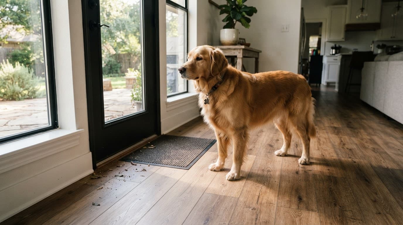 A golden retriever stands on waterproof flooring beside a patio door.