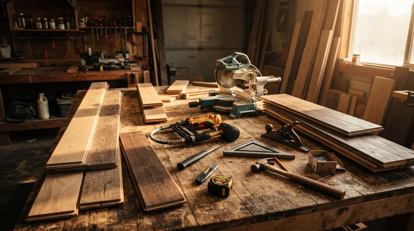 Hardwood planks and carpentry tools sit on a wooden workbench in warm light.