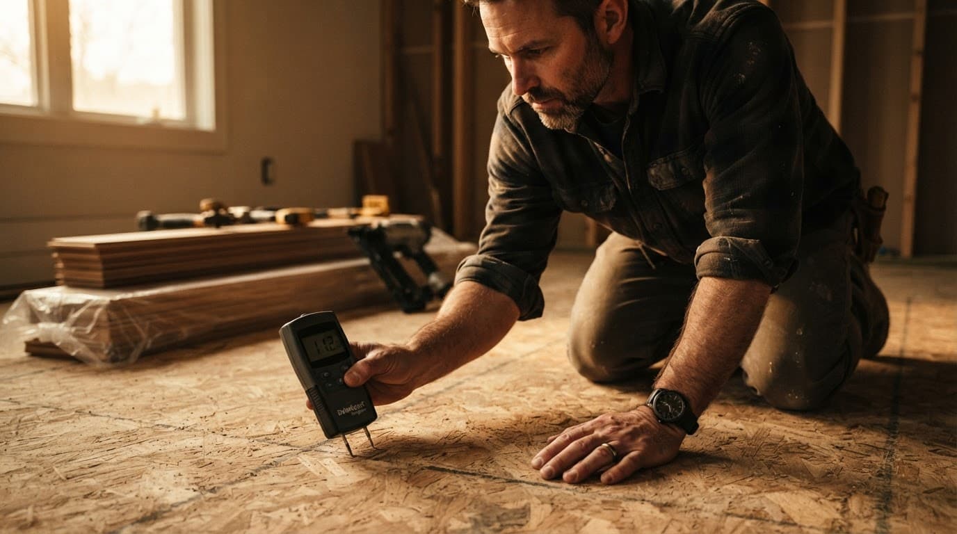 A craftsman checks subfloor moisture with a meter before hardwood installation.