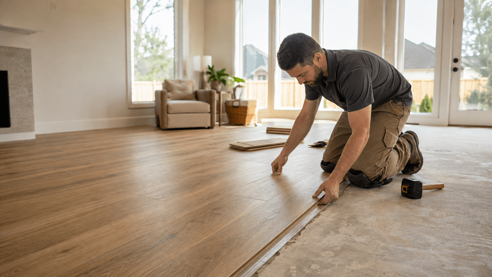 Flooring Installation Corinth TX professional fitting oak-look planks over a prepared slab