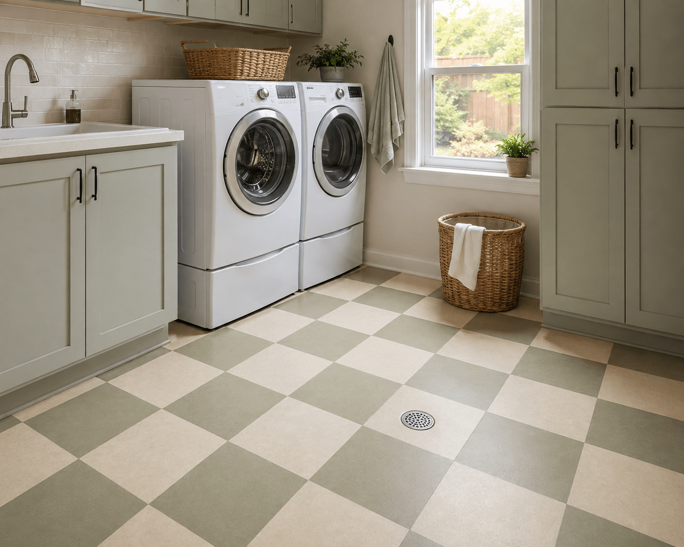 Patterned LVT flooring in a Lake Dallas laundry room