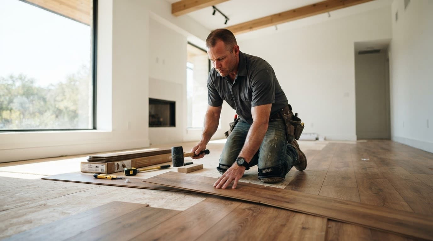 Flooring installer fitting luxury vinyl planks in a bright Denton area living room