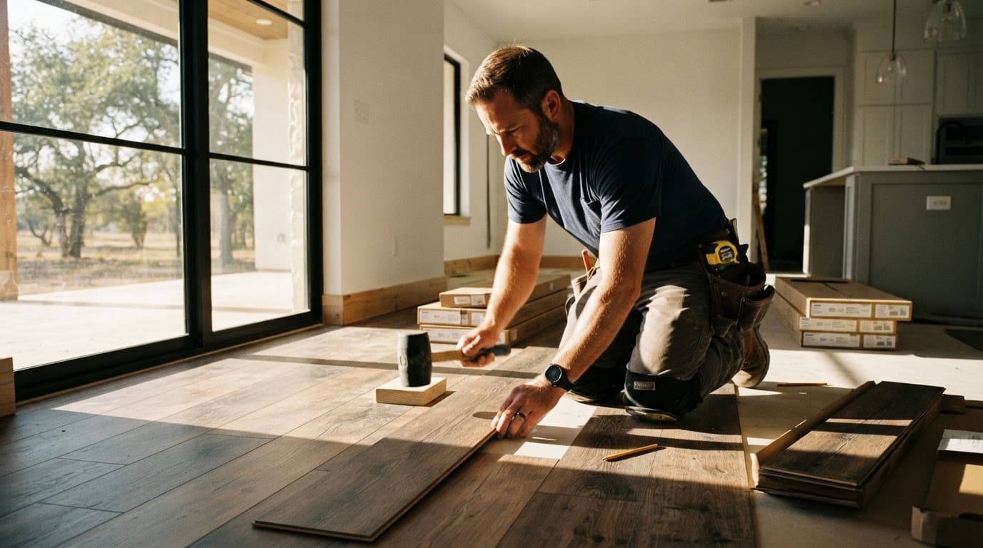A worker installs luxury vinyl planks in a bright modern home.