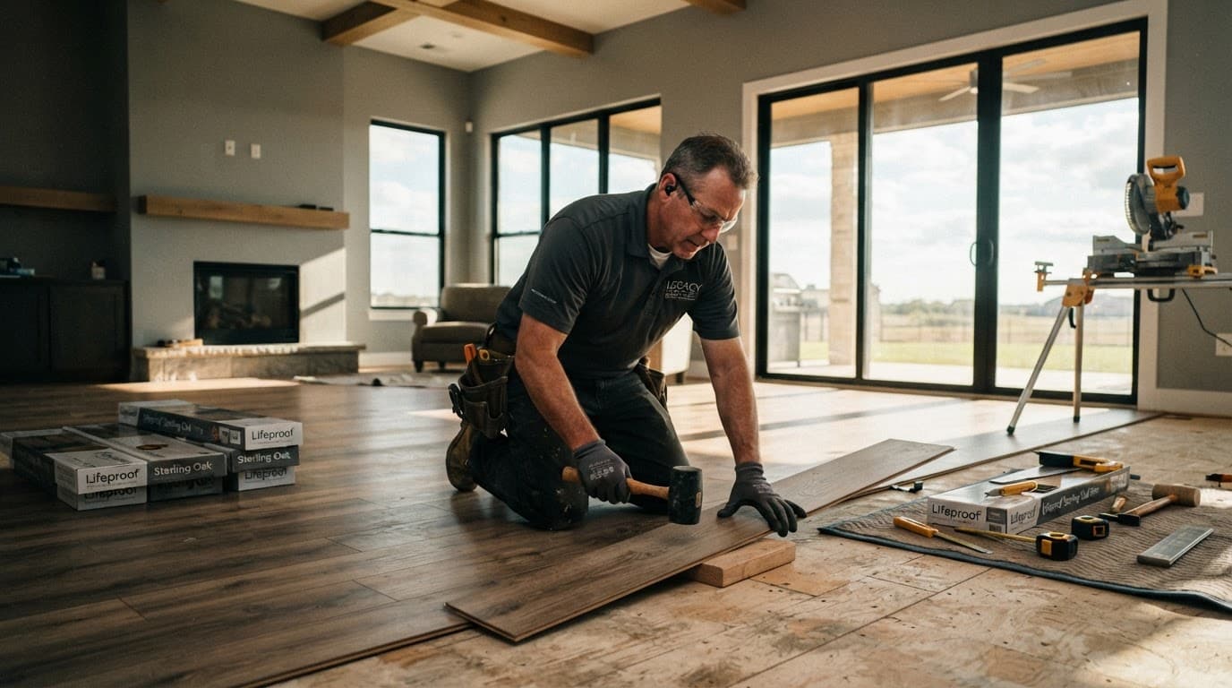 A contractor installs vinyl plank flooring in a sunlit modern living room.