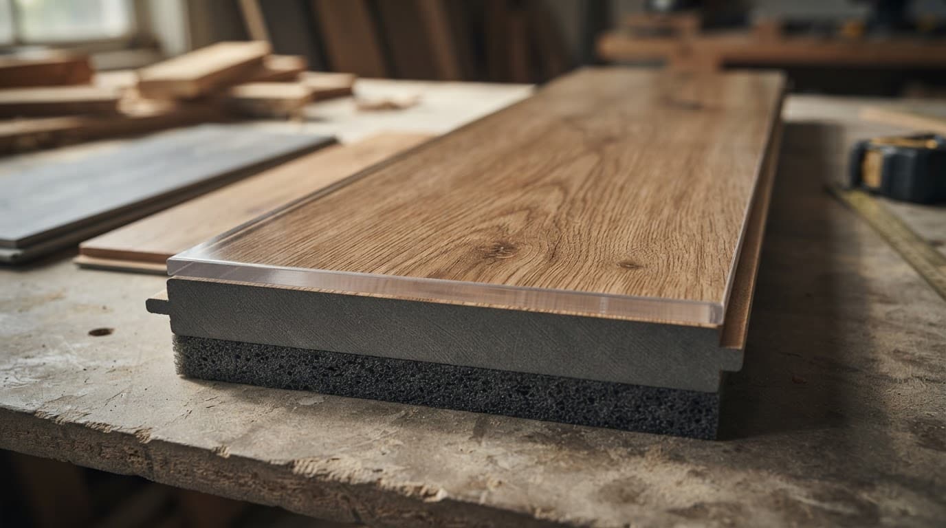 Cutaway LVP plank showing its protective top surface, wood visual, core, and backing.