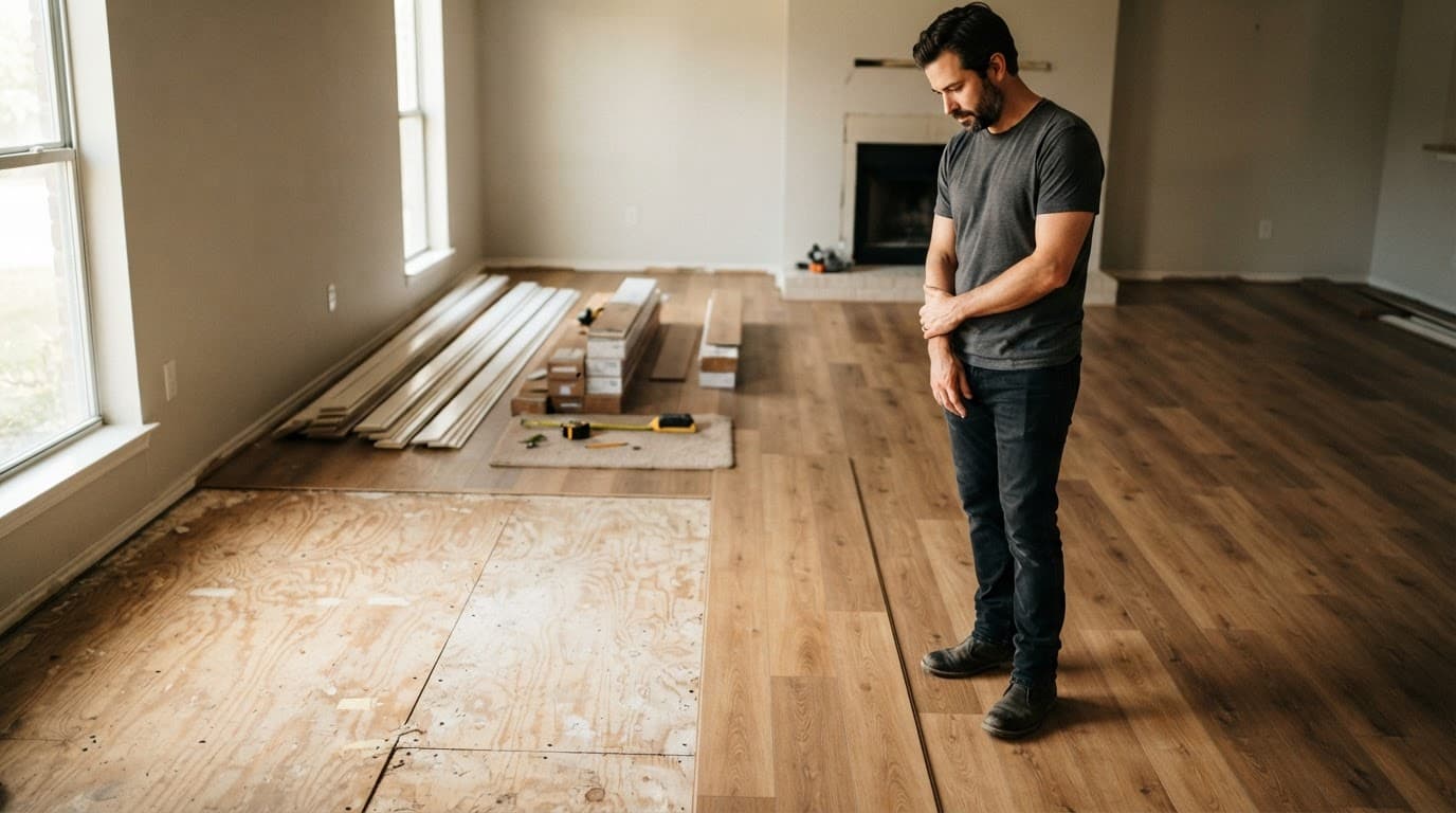 Subfloor Repair Signs to Check Before Installing New Flooring 4 Homeowner inspecting luxury vinyl flooring beside an exposed subfloor transition.