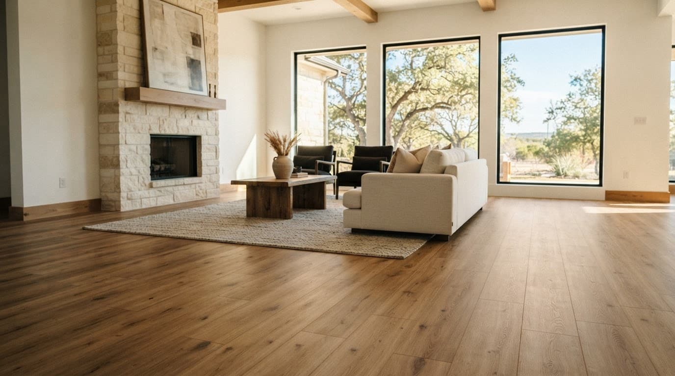 Sunlit modern living room with pale plank flooring, a neutral sofa, and a wooden coffee table.