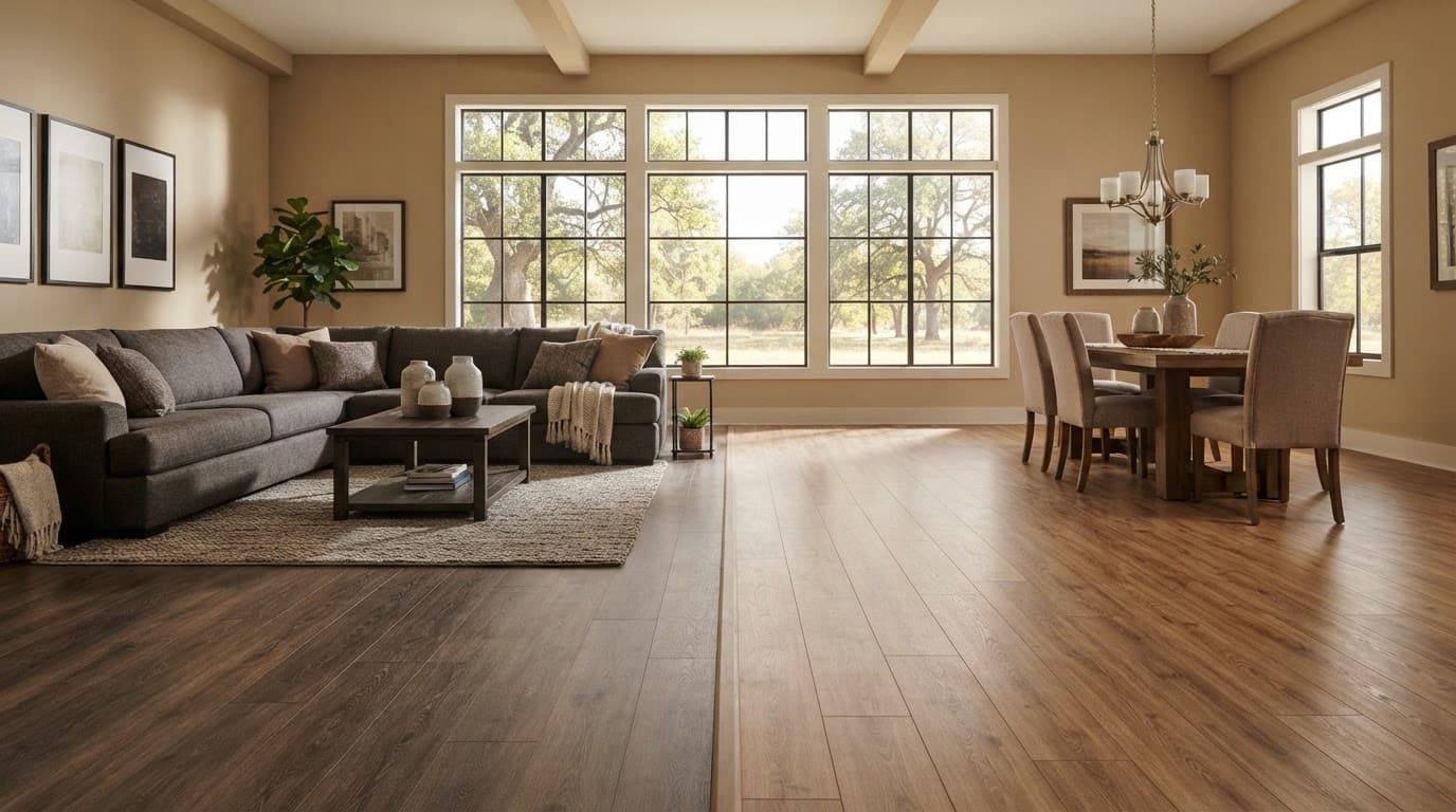 A living room compares vinyl plank flooring on the left with wood-look laminate on the right.