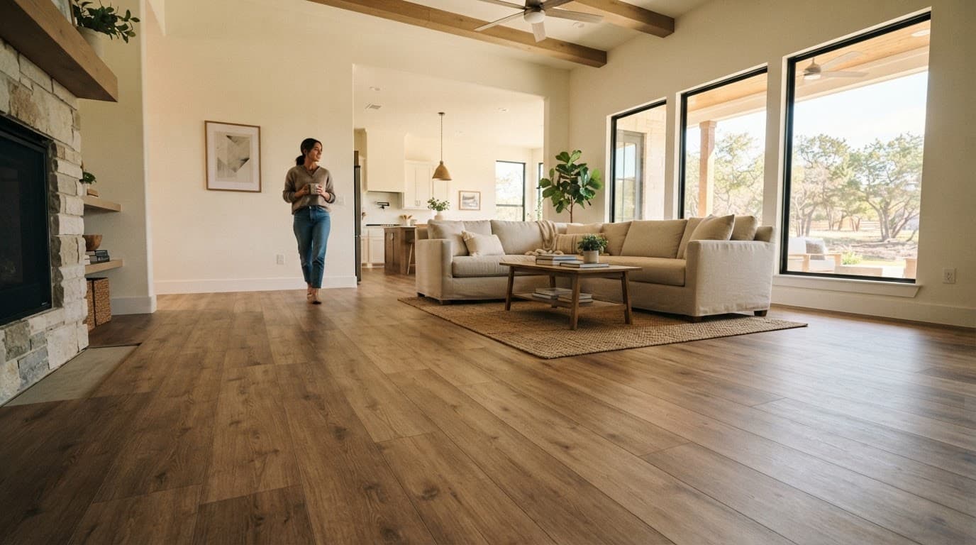 Waterproof LVP flooring fills a bright living room with one person in the background.