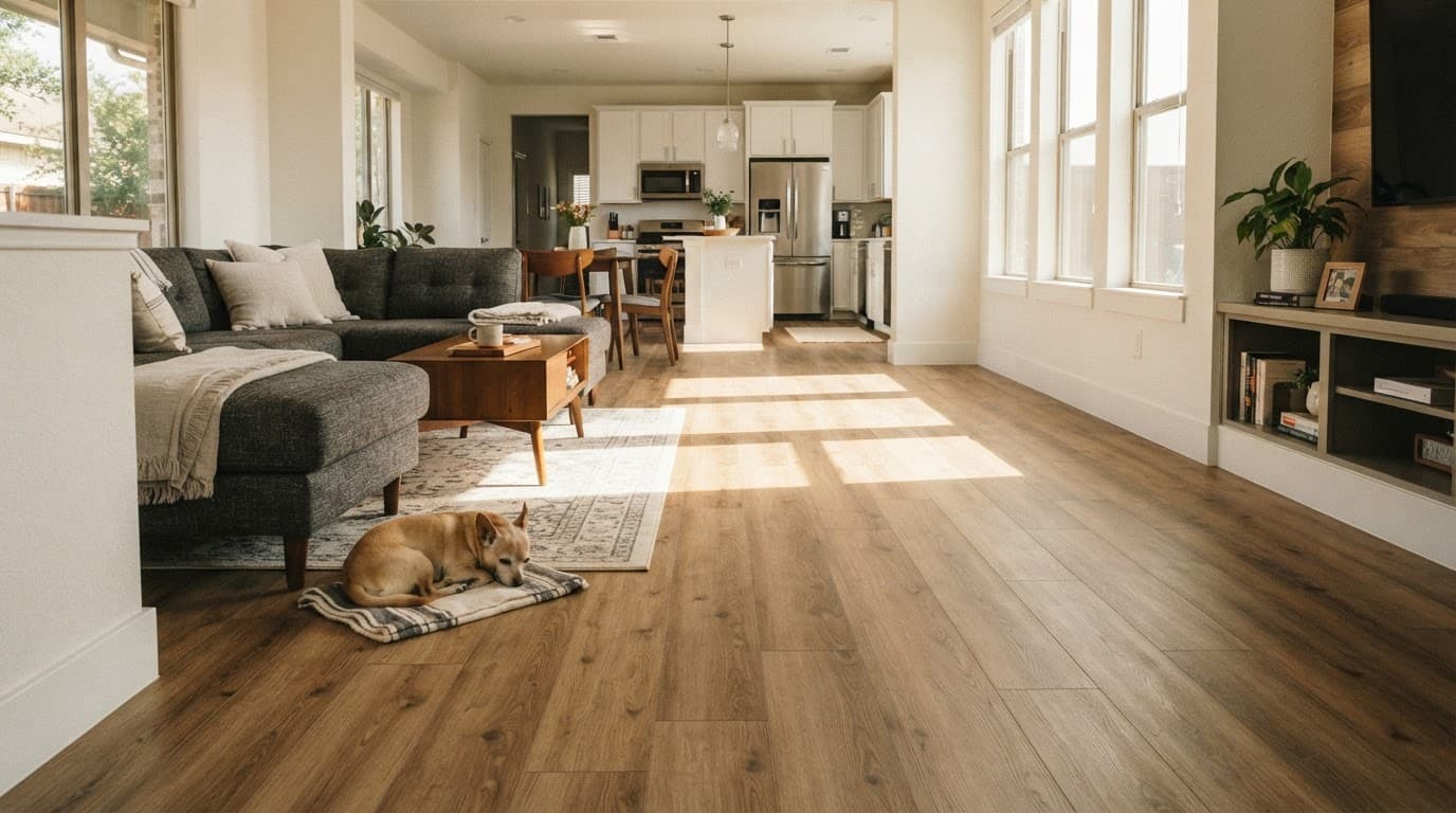 Honey-oak plank flooring extends through a bright living room and kitchen beside a small resting dog.