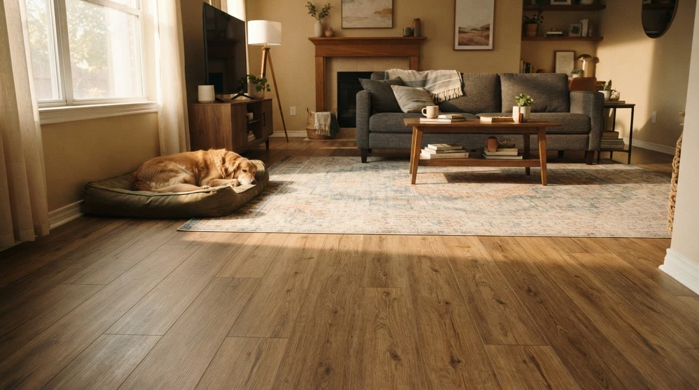 Wood-look vinyl flooring in a sunny living room with a rug, dog bed, furniture, and one resting dog.