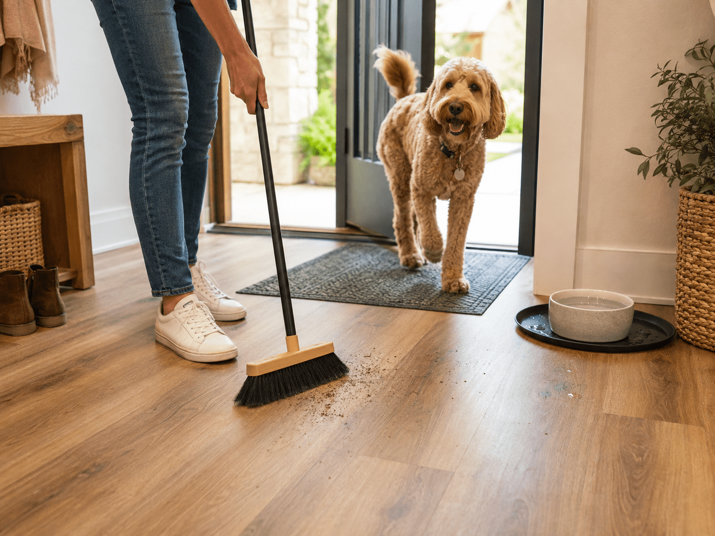 Pet-friendly vinyl flooring in a Denton entry with tracked-in grit being swept