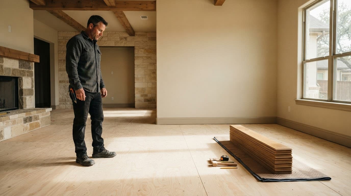 A flooring installer inspects a prepared subfloor beside stacked planks in a bright neutral room.