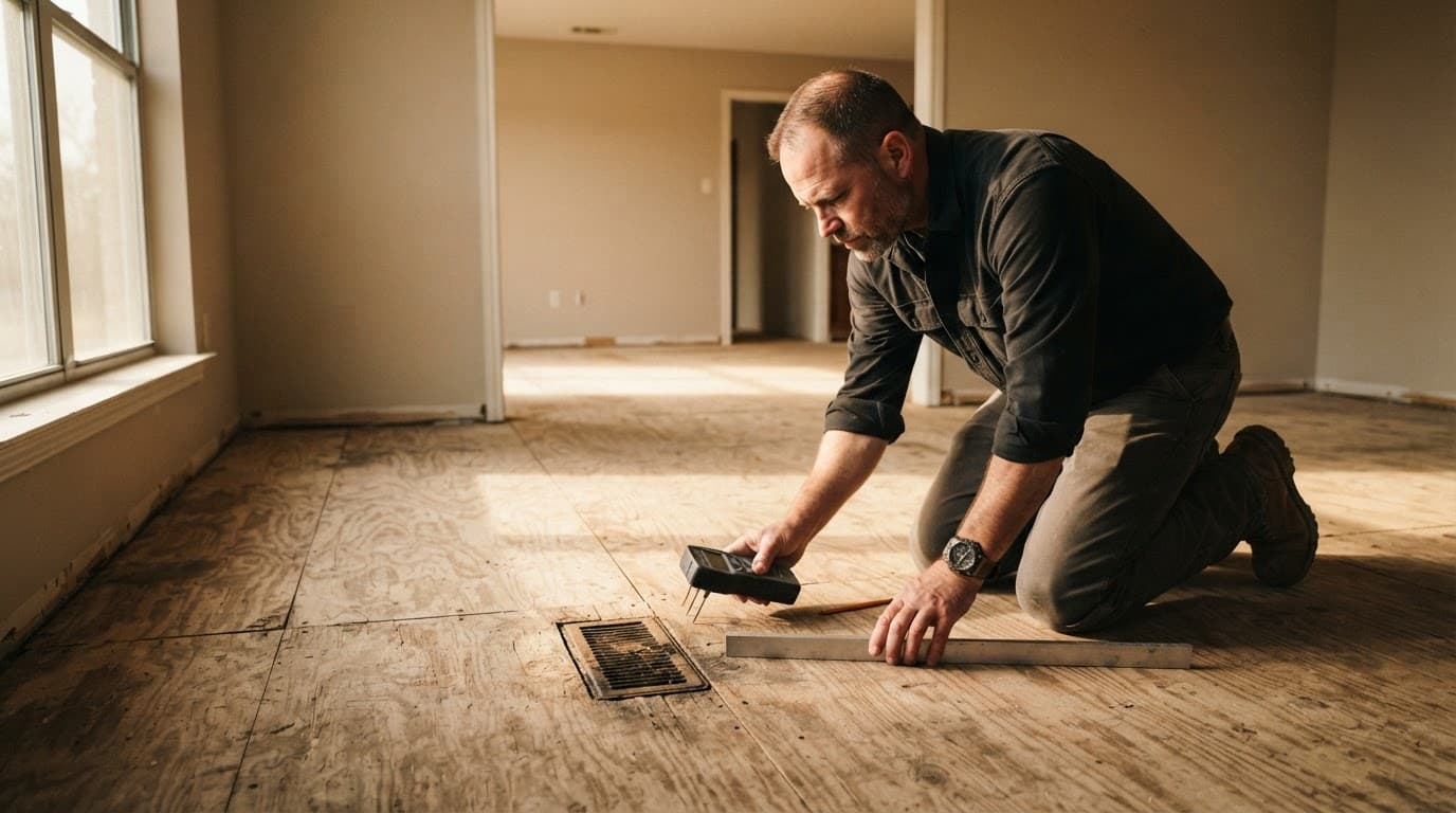 Subfloor Repair Signs to Check Before Installing New Flooring 1 A contractor checks exposed plywood subfloor with a moisture meter.