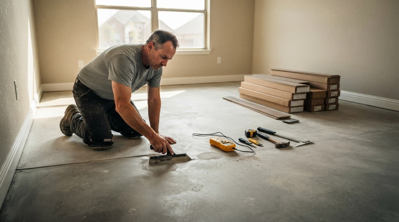 An installer checks a concrete subfloor with a moisture meter before laying flooring.