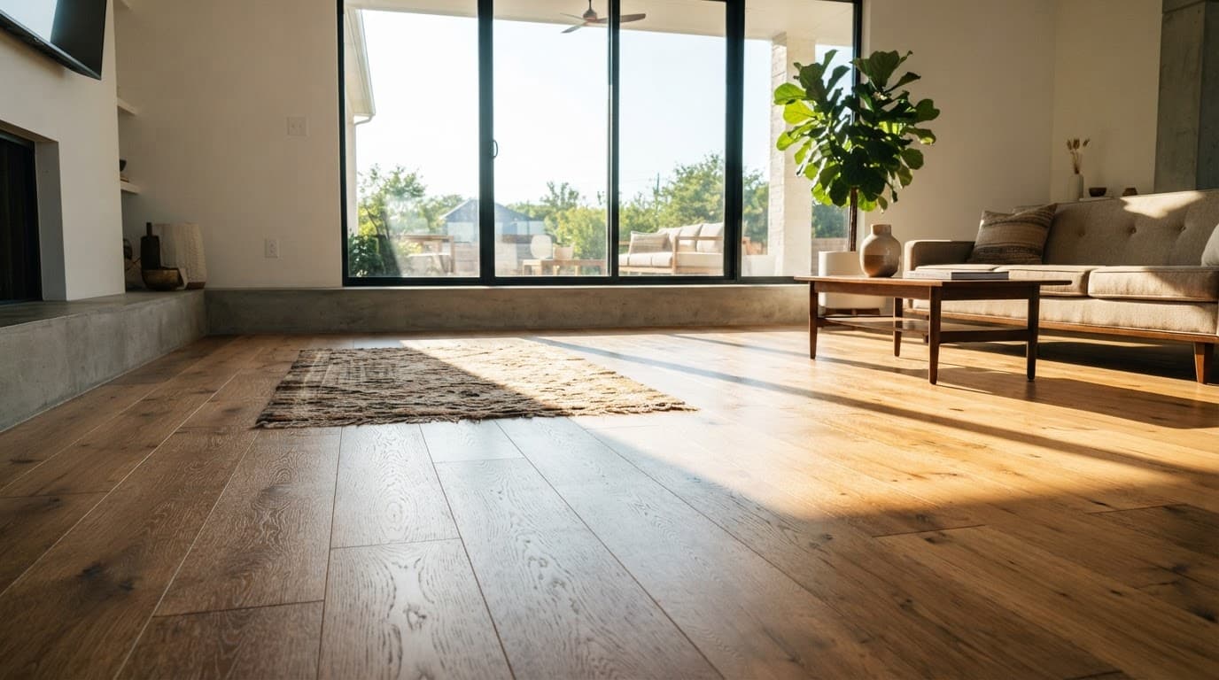 Warm wood floors fill a bright living room beneath large windows.