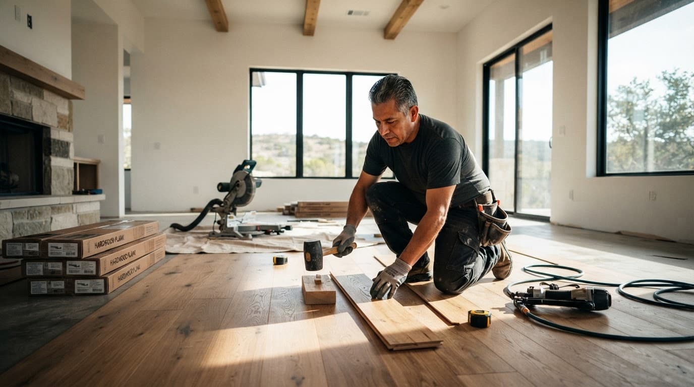 A contractor installs hardwood planks in a sunlit modern living room.