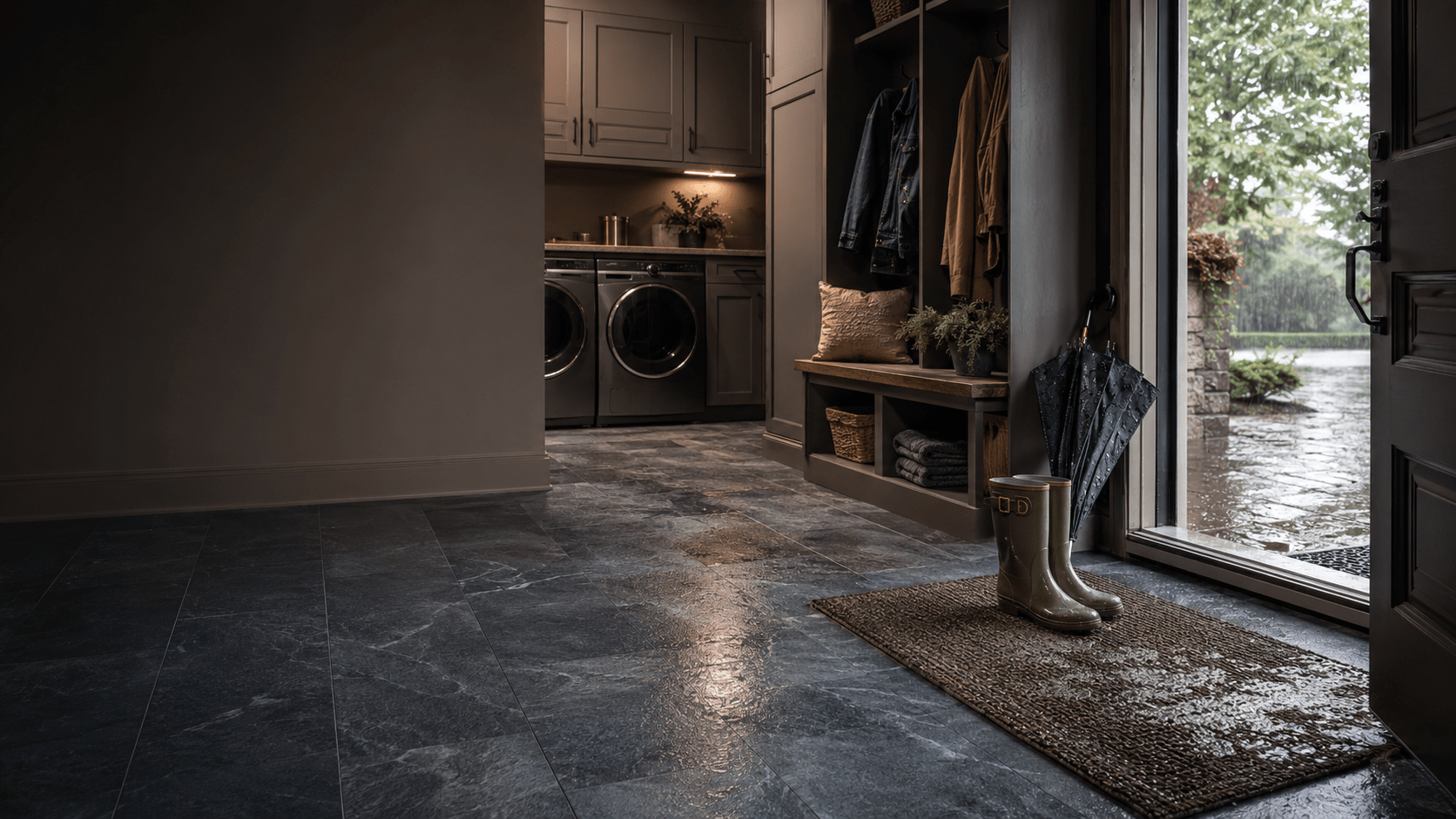 Waterproof Flooring in a North Texas mudroom after summer rain