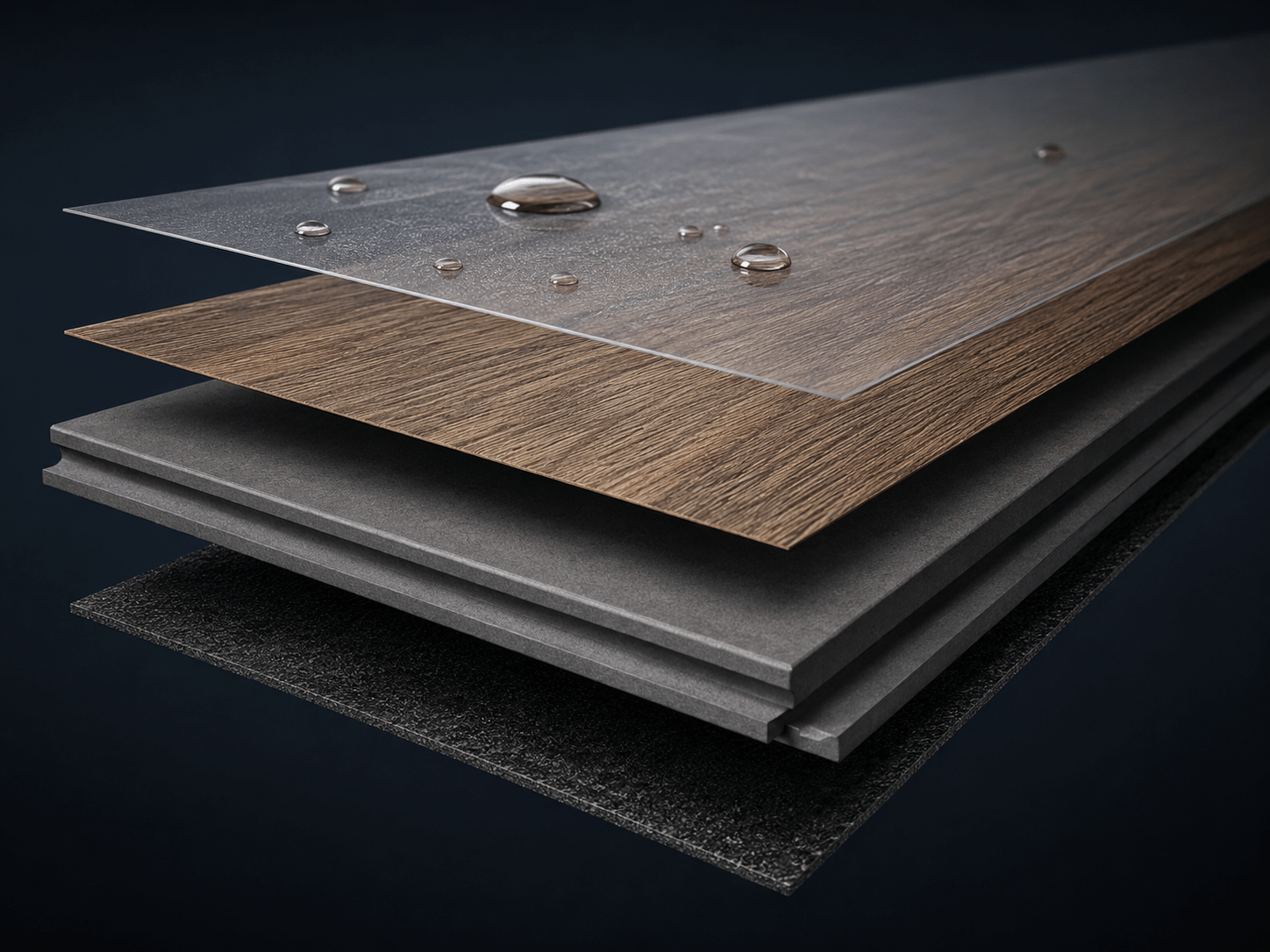 Close view of waterproof LVP layers and water beading on the wear surface