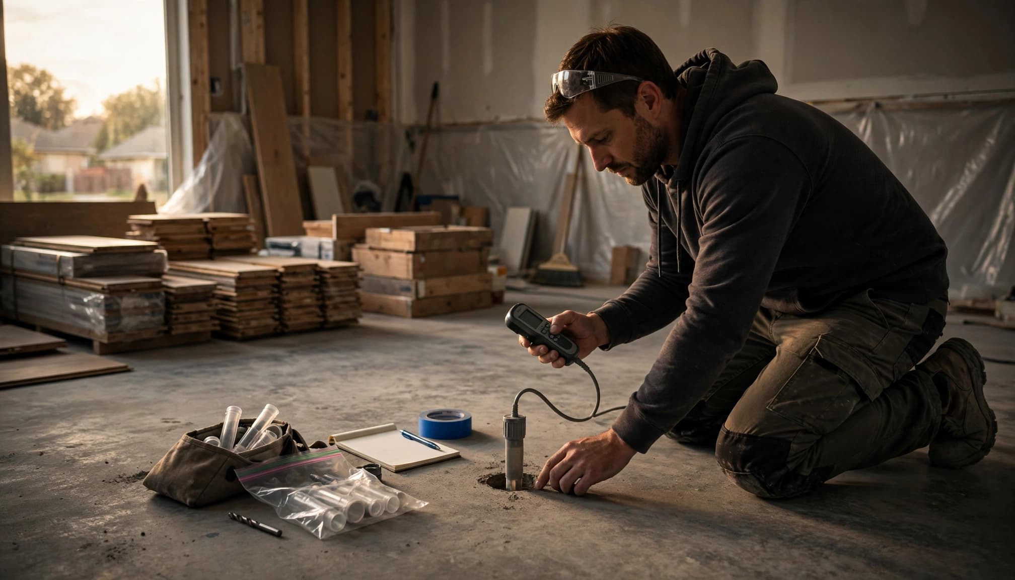 A flooring professional checks a moisture probe on a concrete surface.