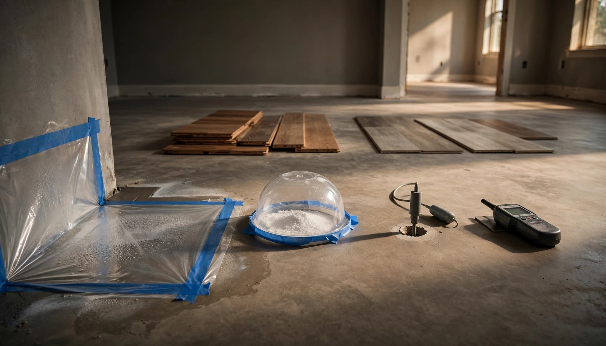 Four moisture testing methods arranged across a residential flooring surface.