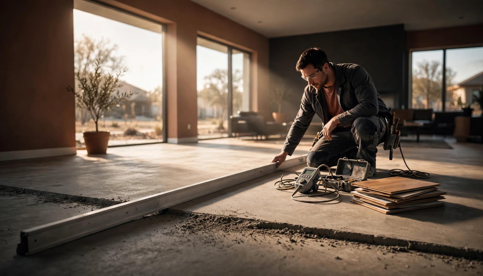 A flooring professional checks a concrete slab beside moisture equipment and LVP planks.