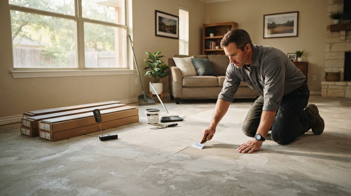 Installer prepares a concrete floor beside flooring materials and a moisture meter.