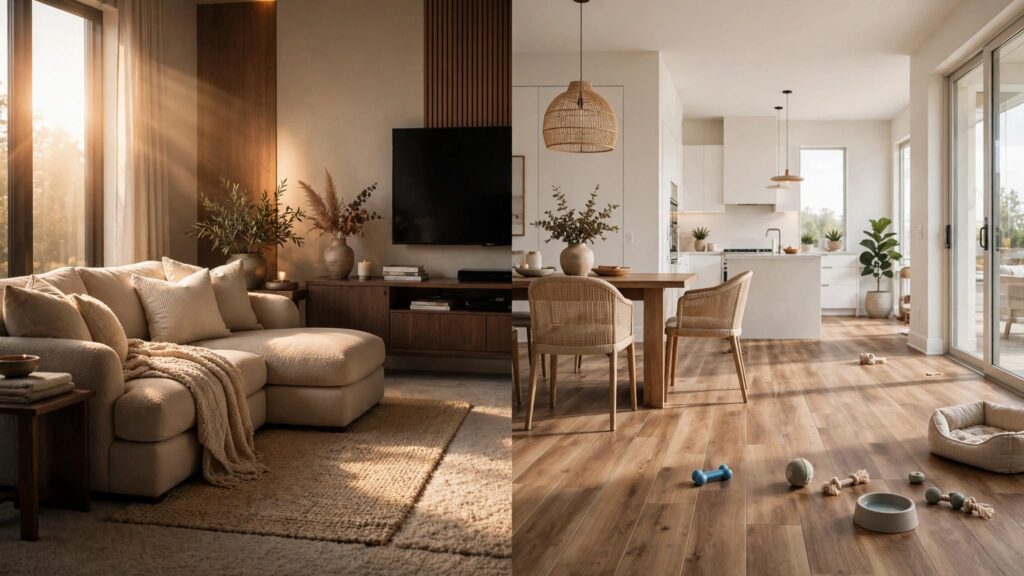 Split living room showing carpet on one side and wood-look vinyl plank on the other.