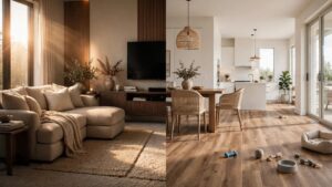 Split living room showing carpet on one side and wood-look vinyl plank on the other.