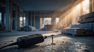 A moisture meter and probe sit on a concrete slab inside an unfinished home.