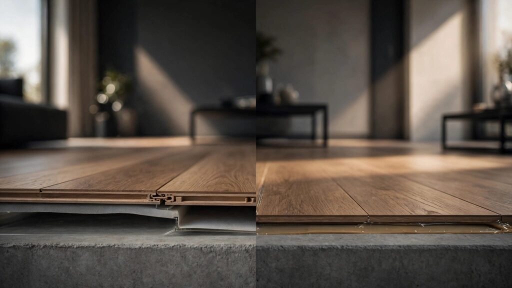 Split view of floating and glue-down vinyl planks over a concrete slab.