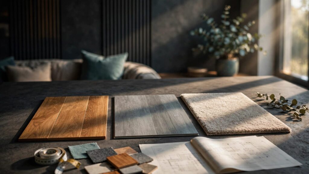 Interior showing hardwood, luxury vinyl, and carpet flooring samples with swatches and a measuring tape.