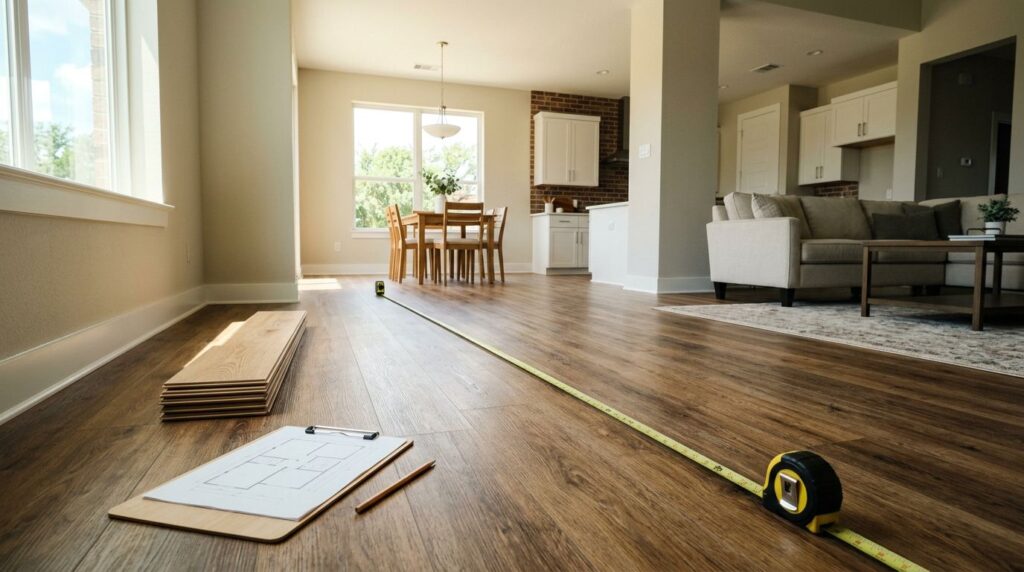 A tape measure and flooring samples arranged on a bright wood-look floor.