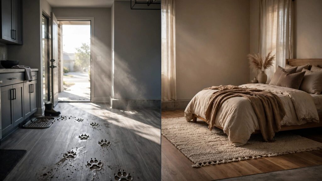 Split interior showing gray SPC flooring in a kitchen and warm WPC flooring in a bedroom.