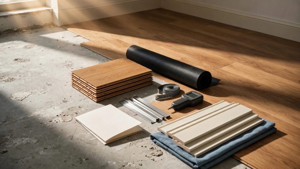 Flooring samples and installation tools sit beside unfinished concrete and completed plank flooring.