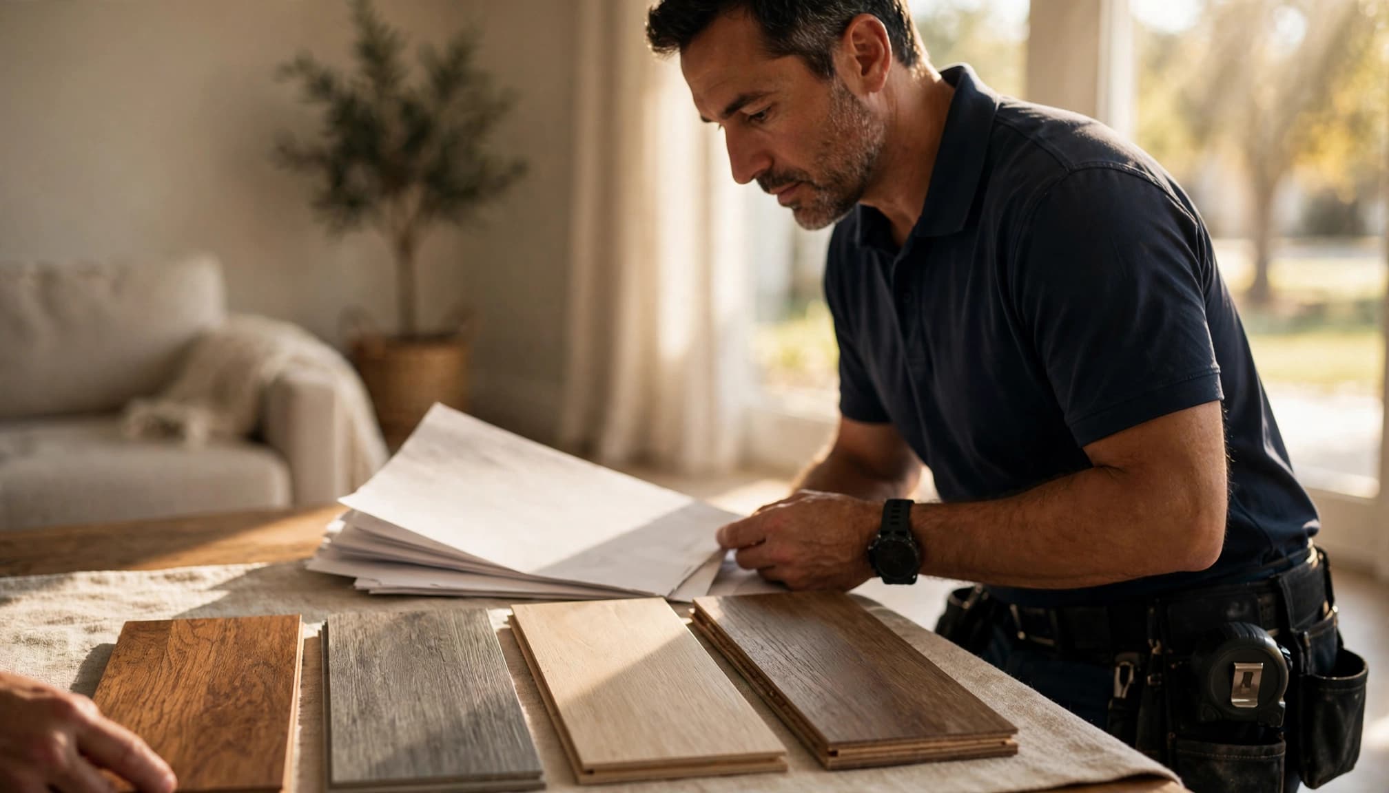 A flooring contractor reviews an estimate beside four flooring samples in a warm living room.