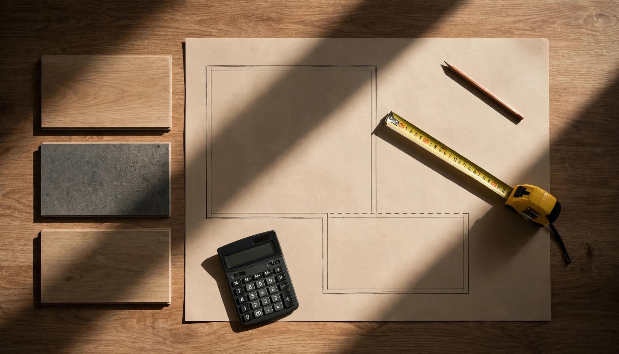 Flooring samples and measuring tools arranged around an irregular room sketch.