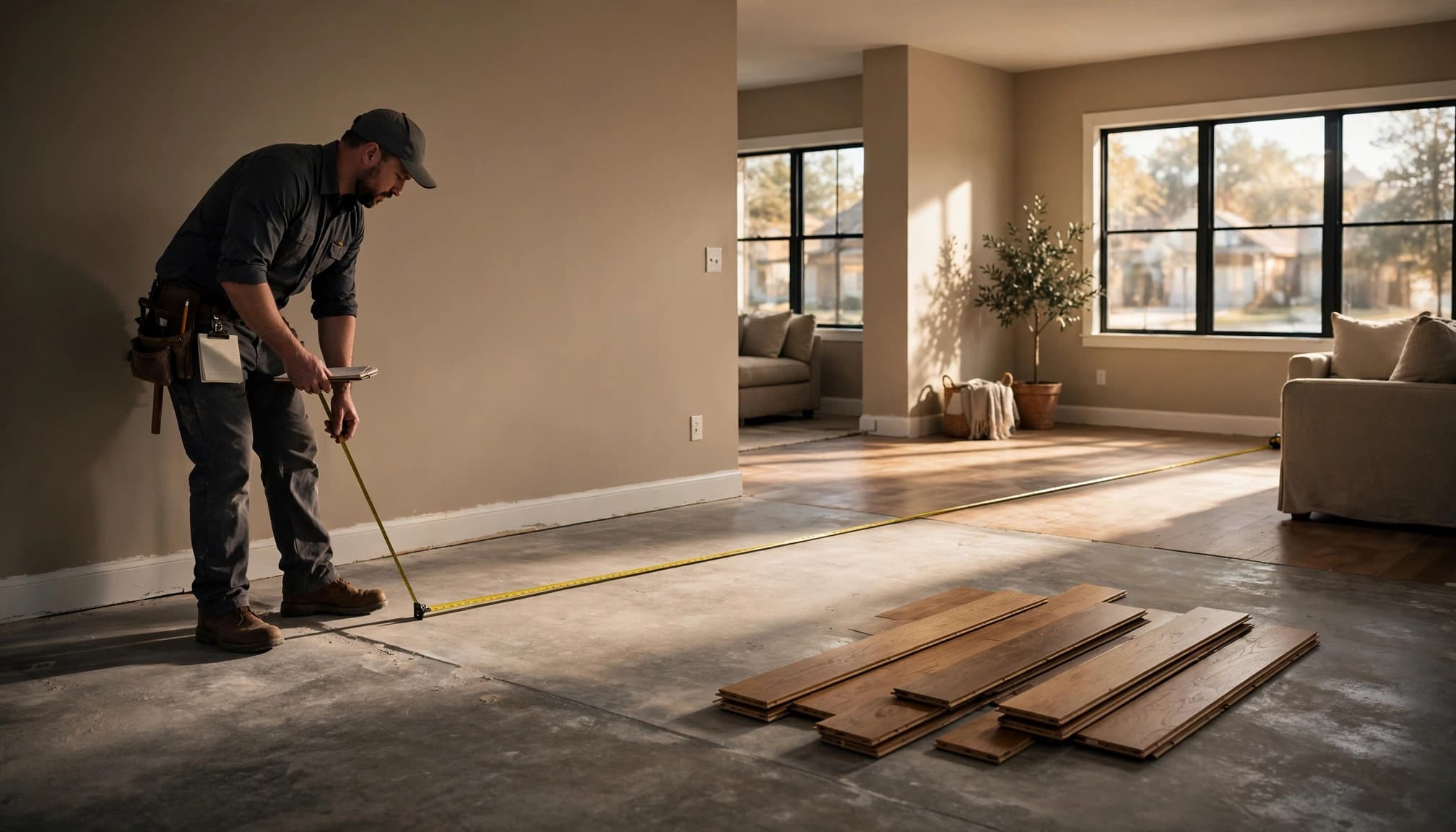 An installer measures a living room beside flooring samples and exposed concrete.