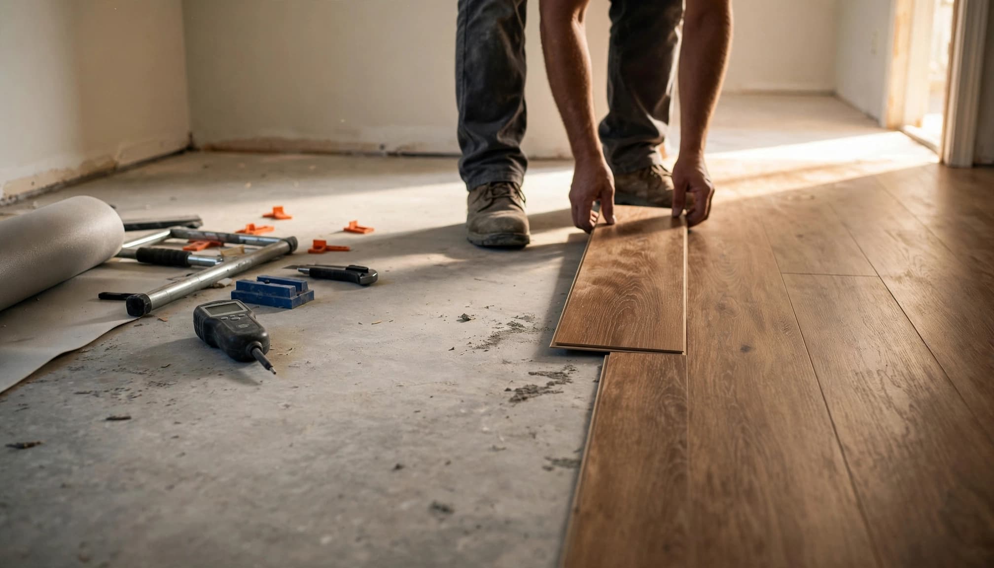 Installer aligns vinyl plank on a concrete slab beside a moisture meter and flooring tools.