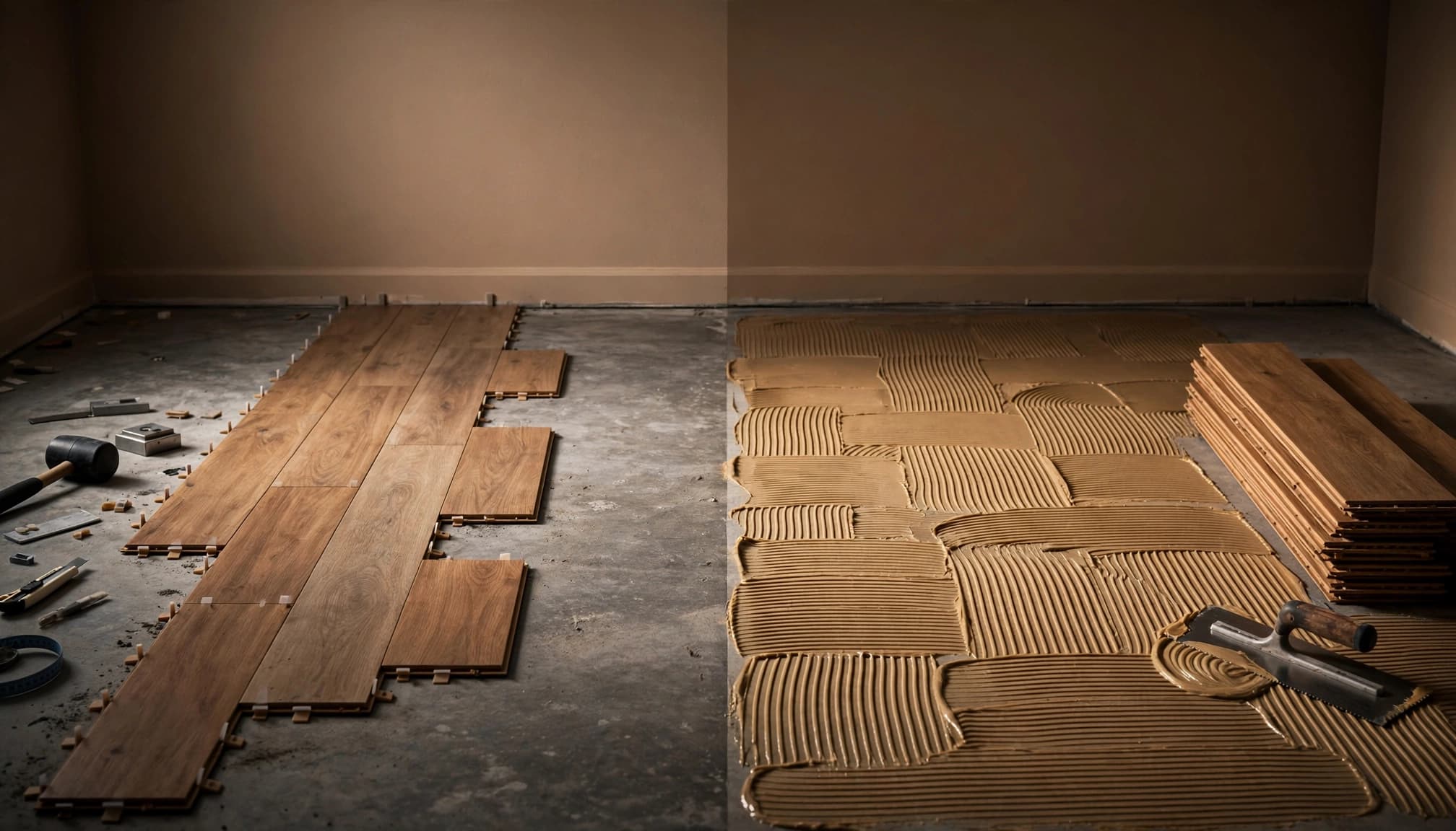 Two LVP installation methods on a concrete slab.