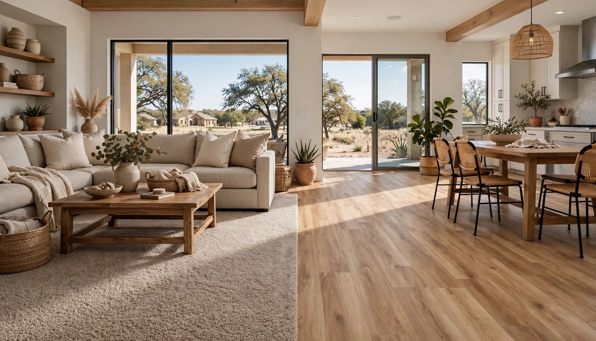 Living room with plush carpet in the seating area and vinyl plank flooring beyond.