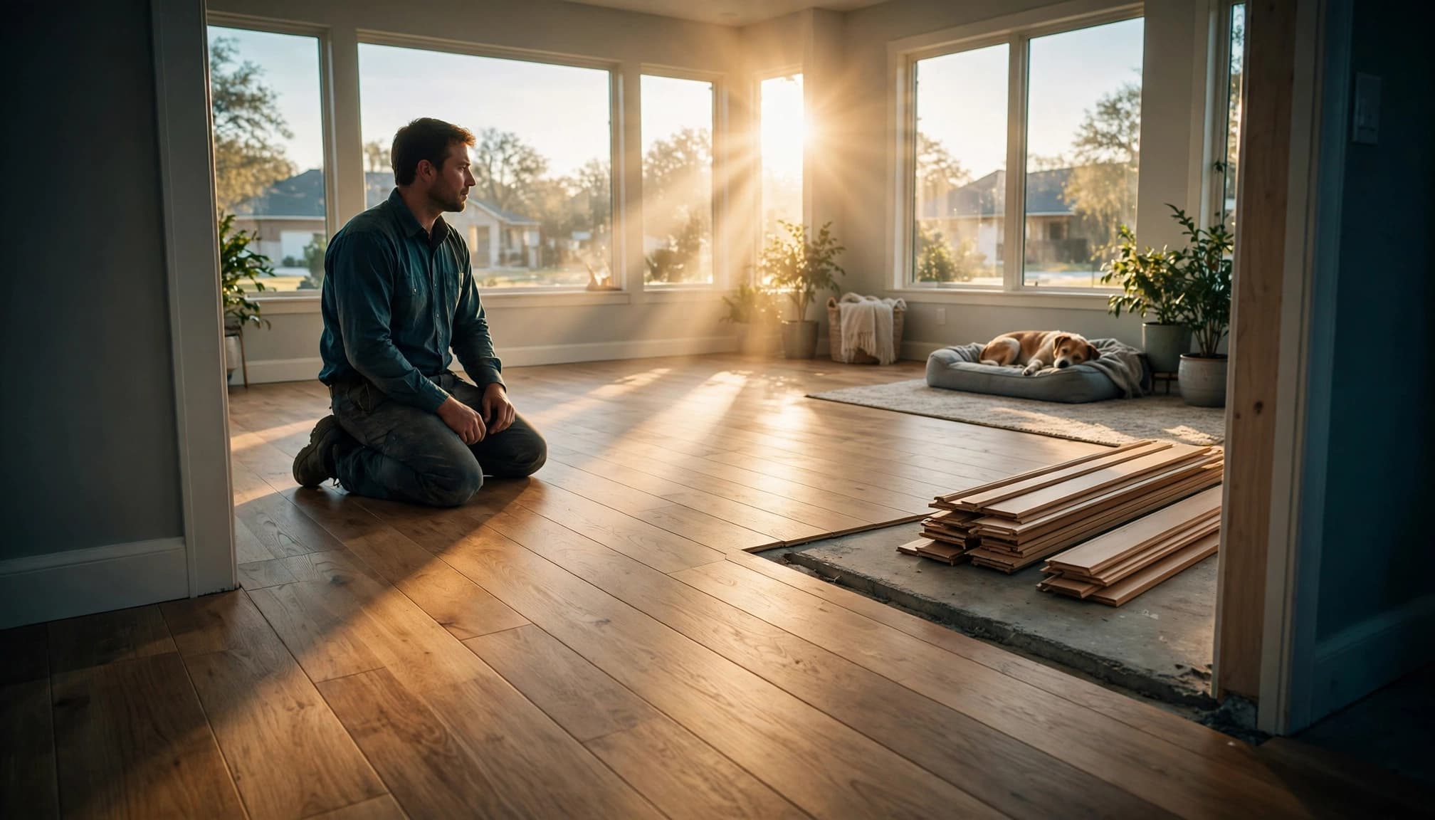Installer kneels beside new flooring in a bright living room with a dog nearby.