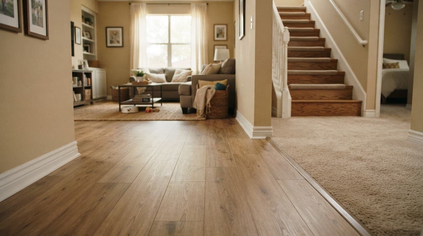 Living room flooring meets carpet at a clean bedroom transition.
