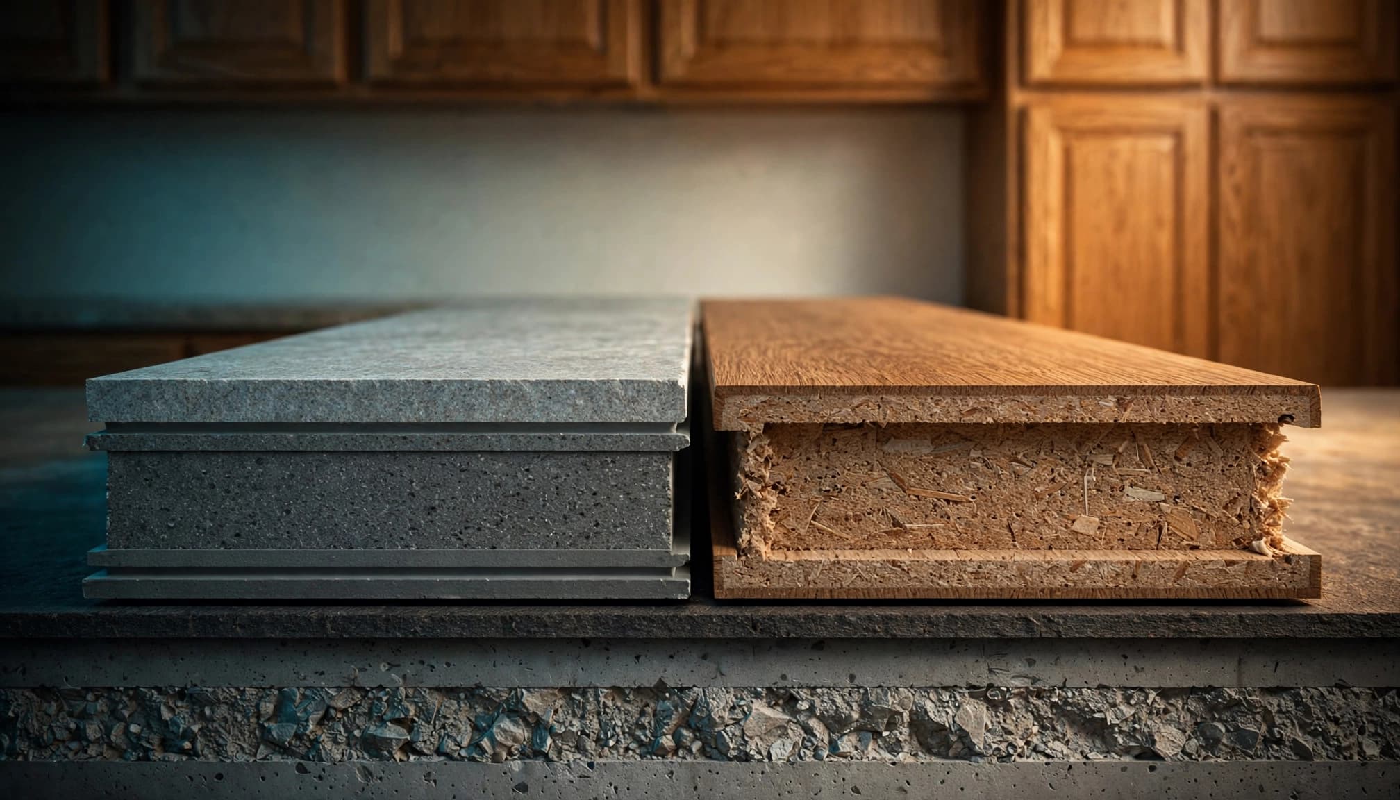 Two flooring planks show contrasting SPC and WPC cores above a concrete slab.