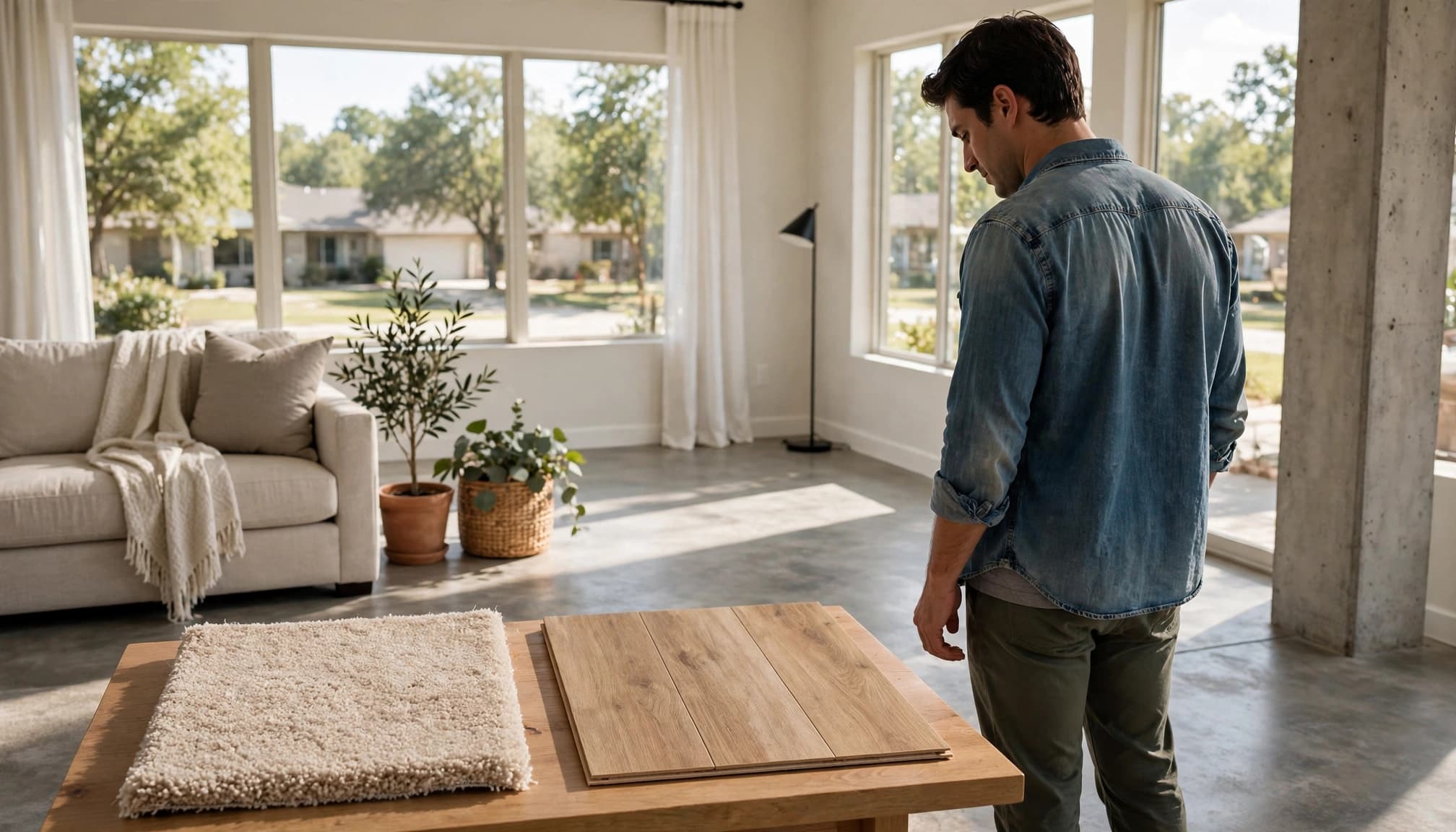 A homeowner compares carpet and vinyl flooring samples on a low table in a bright living room.